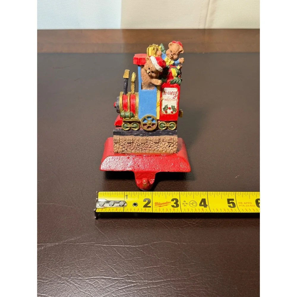 Vintage Christmas Train Teddy Bear Stocking Holder Cast Iron Red Blue Holiday